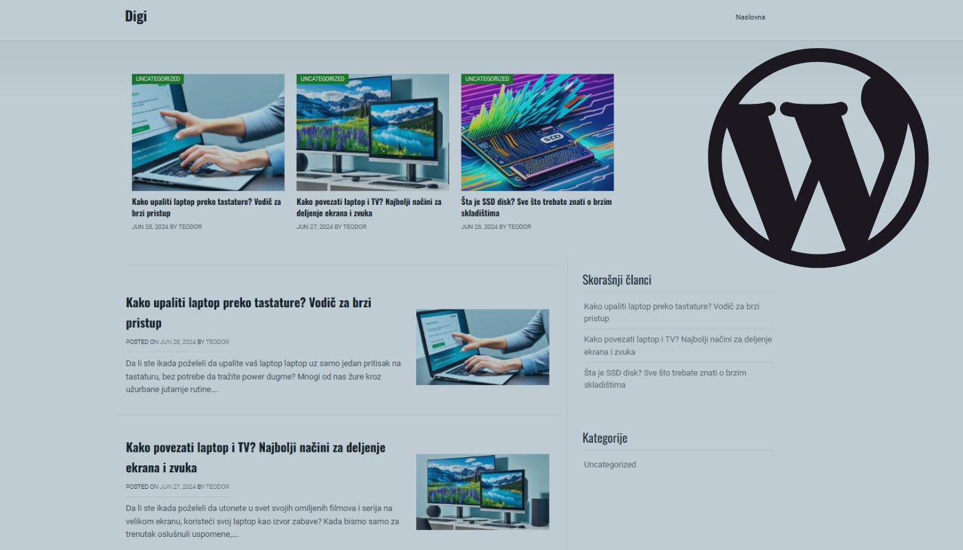 Prikaz WordPress sajta sa člancima i ikonom WordPress platforme na stranici