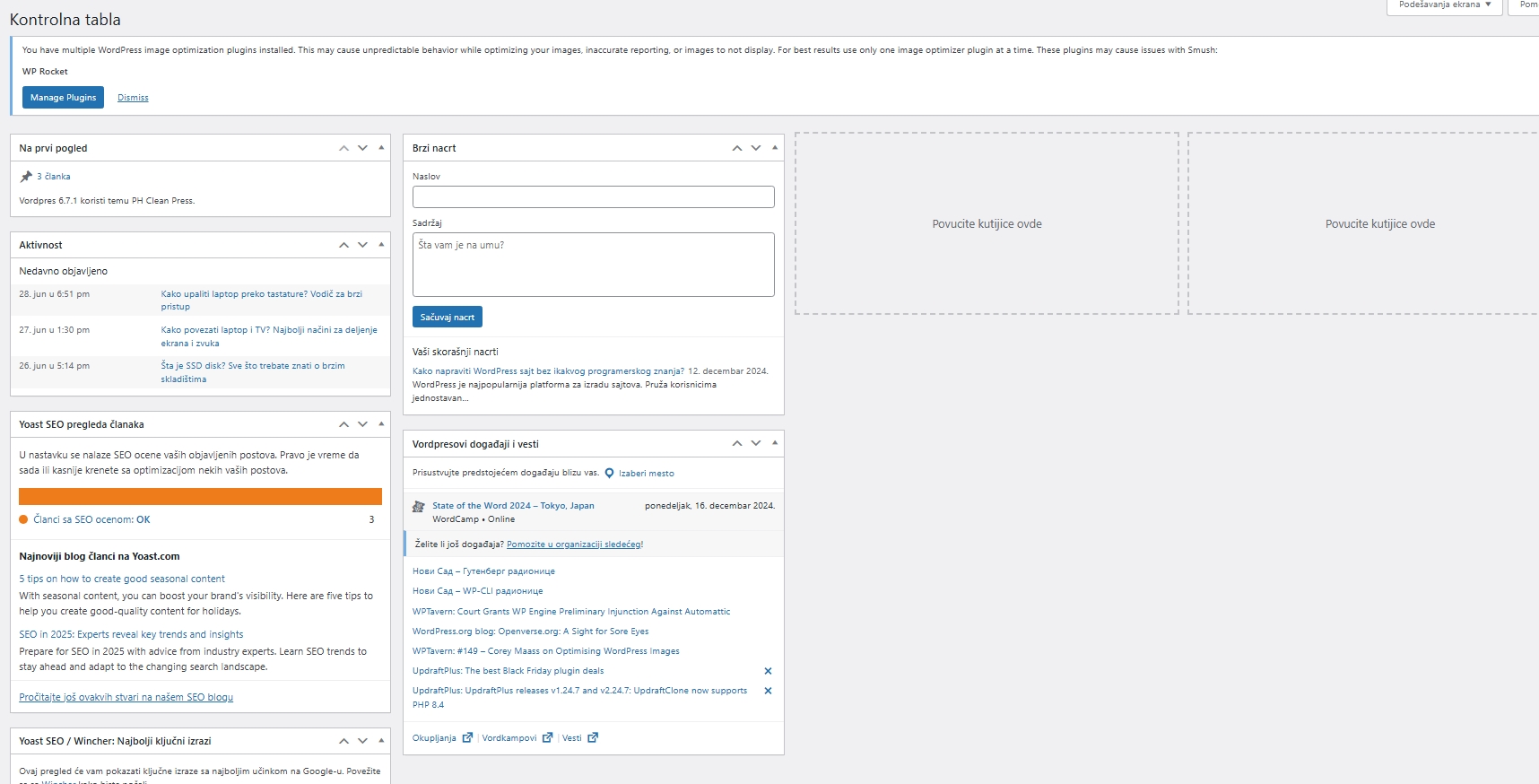 WordPress kontrolna tabla sa obaveštenjima o dodacima, nedavnim objavama i SEO alatima na interfejsu za upravljanje sajtom